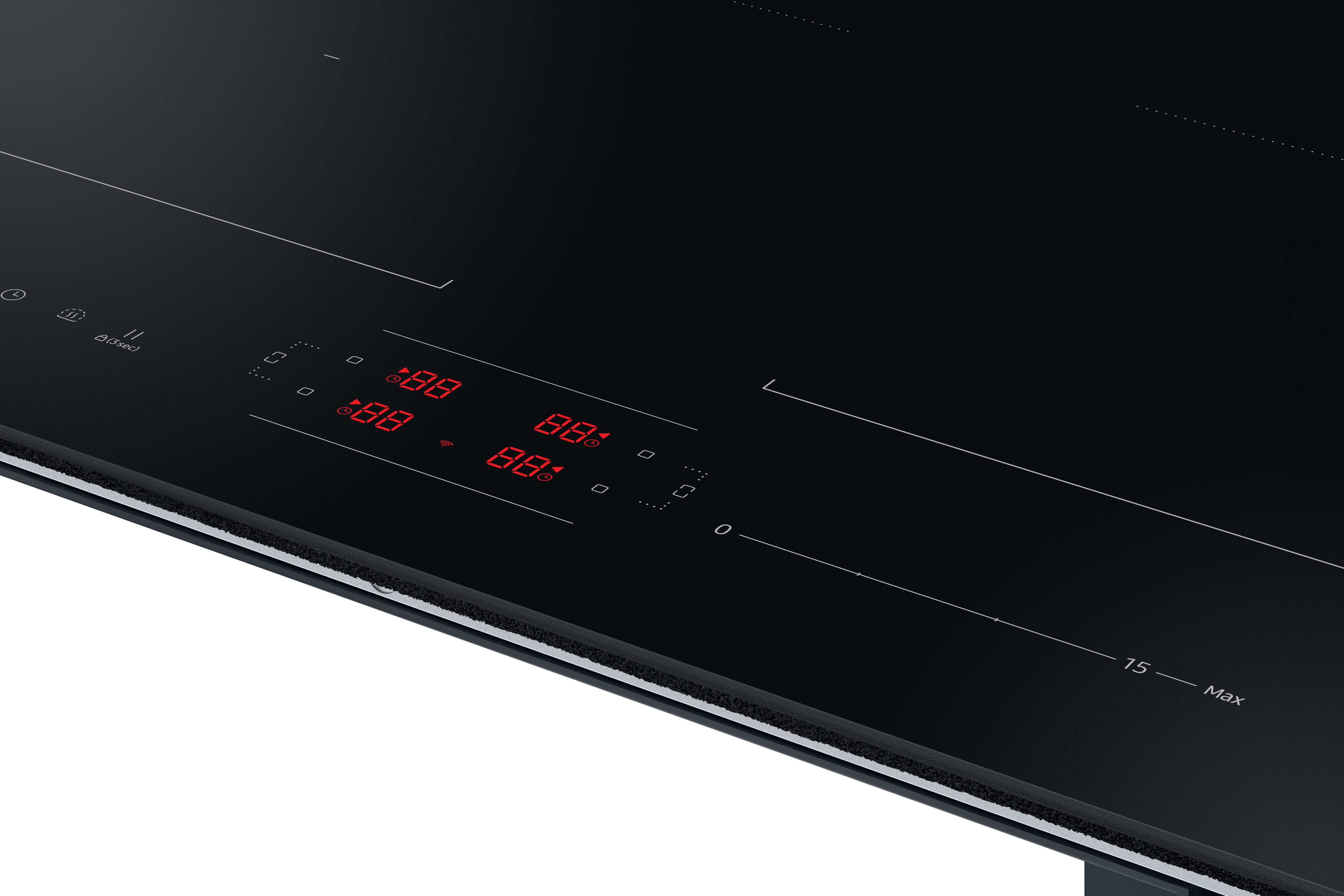 Placa de inducción negra con pantallas digitales rojas que muestran números.