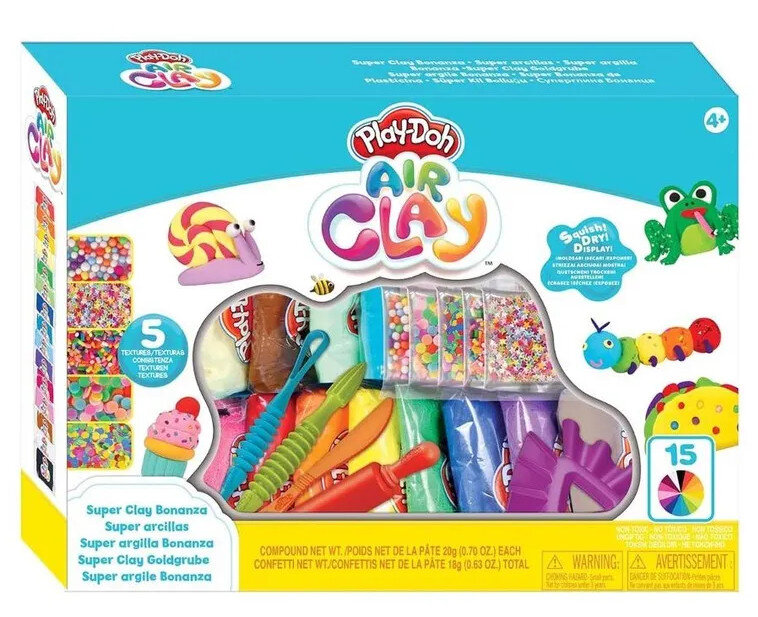 Zestaw Play-Doh Air Clay z kolorową gliną, narzędziami i różnymi kształtami gliny.