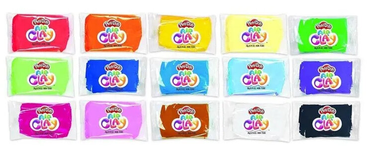 Opakowania Play-Doh Air Clay w różnych kolorach: czerwonym, pomarańczowym, żółtym, zielonym, niebieskim, fioletowym, brązowym i czarnym.