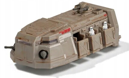Zabawka pojazdu Star Wars z dwiema figurkami w środku. Jest beżowa i ma czerwony pasek.