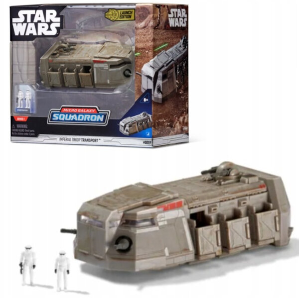 Zabawka Star Wars Imperial Troop Transport z figurkami i pudełkiem na białym tle.