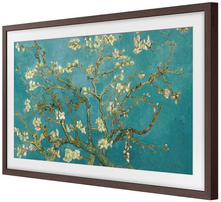 Oprawiona reprodukcja 'Kwitnących migdałów' Van Gogha, z brązową ramą i turkusowym tłem.