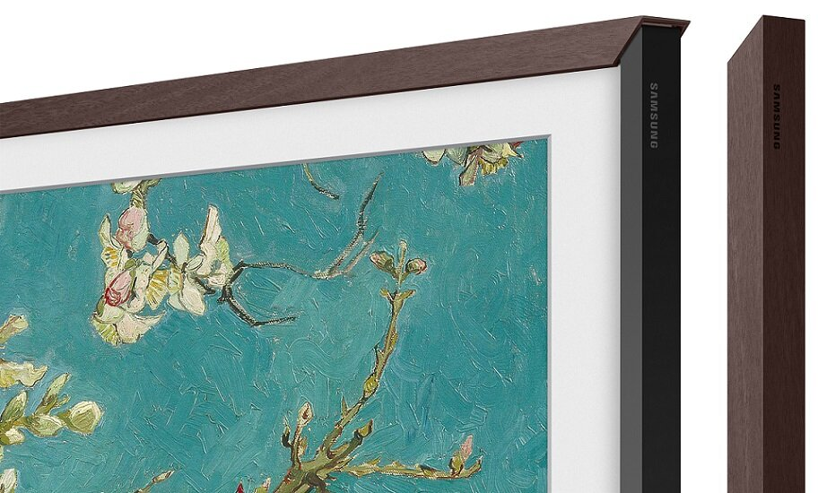 Zbliżenie oprawionego dzieła sztuki z obrazem kwiatów migdałowca.