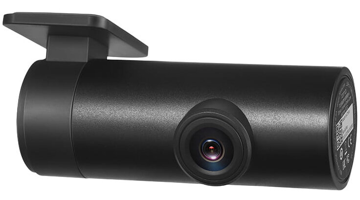 Czarna kamera samochodowa z obiektywem i mocowaniem.