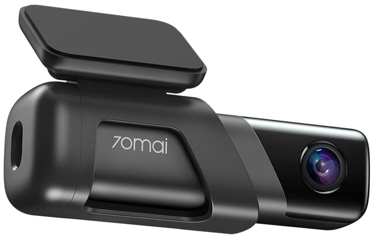 Czarna kamera samochodowa 70mai z małym ekranem i obrotowym uchwytem, na białym tle.