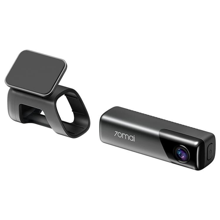 Kamera samochodowa 70mai i uchwyt, czarne, z obiektywem i wspornikiem montażowym.