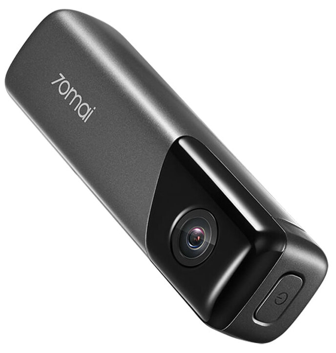 Ciemnoszara kamera samochodowa 70mai. Czarny obiektyw i przycisk zasilania. Widok z boku.