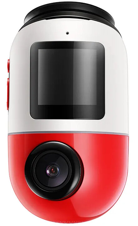 Czerwono-biała kamera sportowa z obiektywem i ekranem, na białym tle.