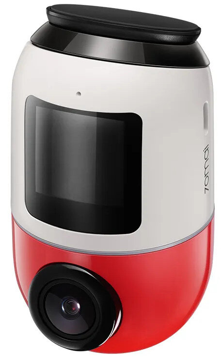 Czerwona, biała i czarna kamera samochodowa 70mai, z ekranem i obiektywem kamery.