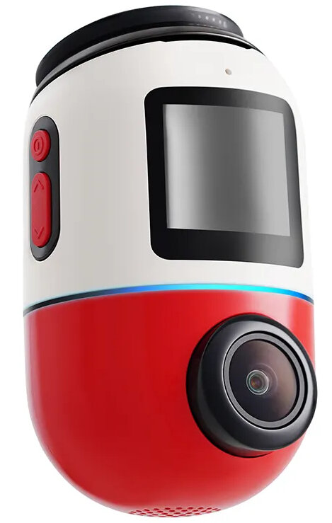 Czerwono-biała kamera z ekranem i przyciskami. Aparat ma obiektyw i niebieskie światło.