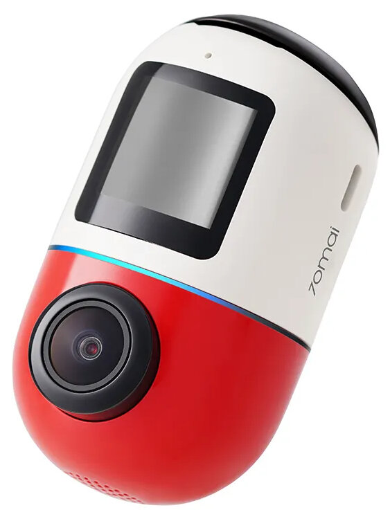 Pokazano czerwoną i białą kamerę samochodową z małym ekranem i obiektywem.