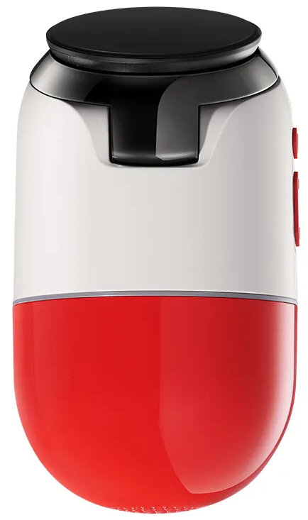 Czerwono-białe urządzenie w kształcie pigułki z czarnym wierzchem.