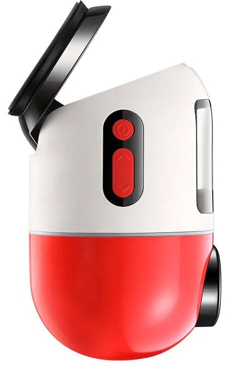 Czerwono-biały robot odkurzający z czerwonym przyciskiem i czarną górną pokrywą.