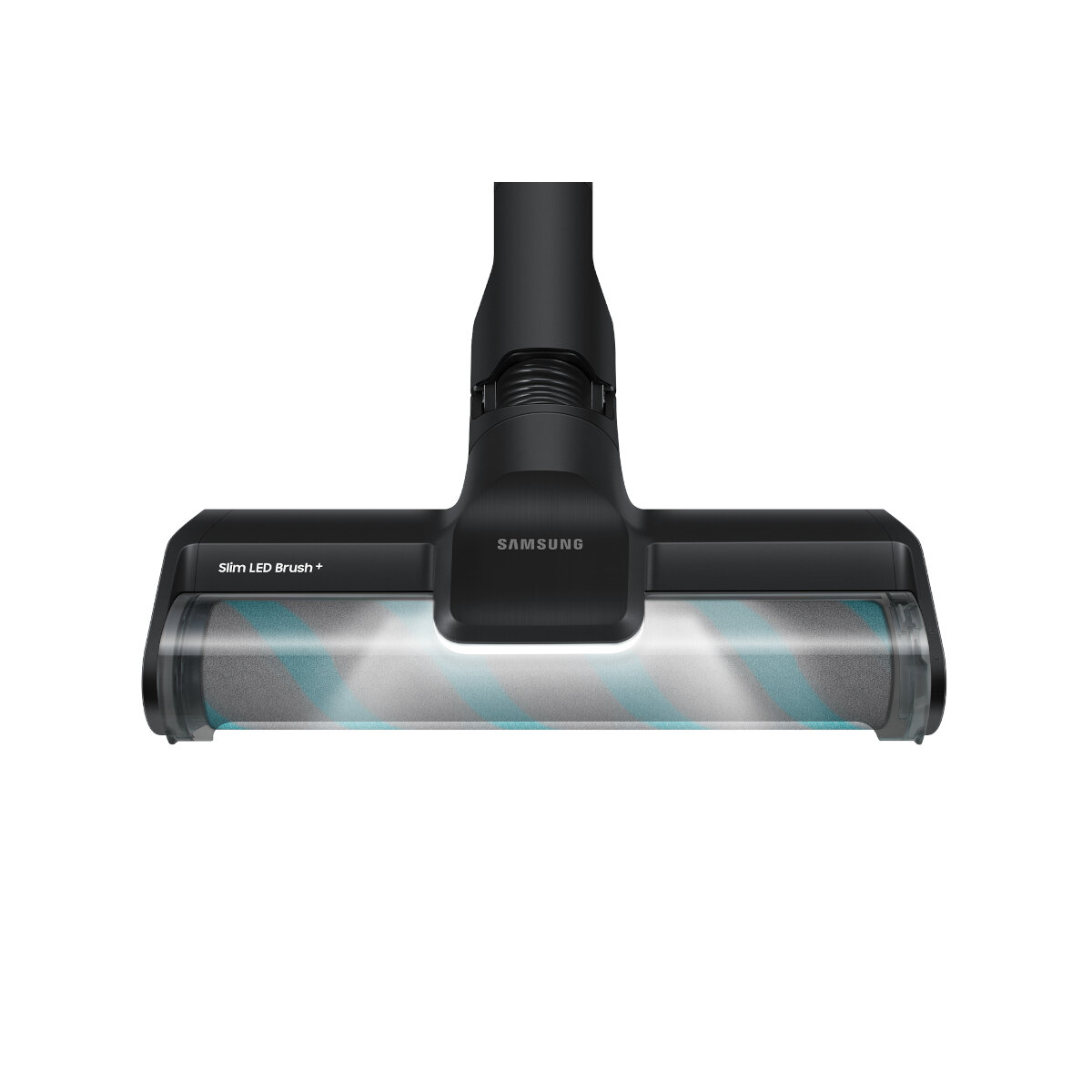 Czarna głowica odkurzacza Samsung z obrotową szczotką i etykietą 'Slim LED Brush+'.