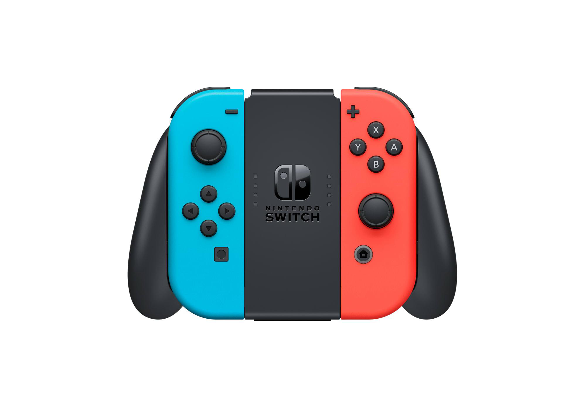 Nintendo Switch-Controller, links blau und rechts rot, verbunden mit einer schwarzen Konsole.
