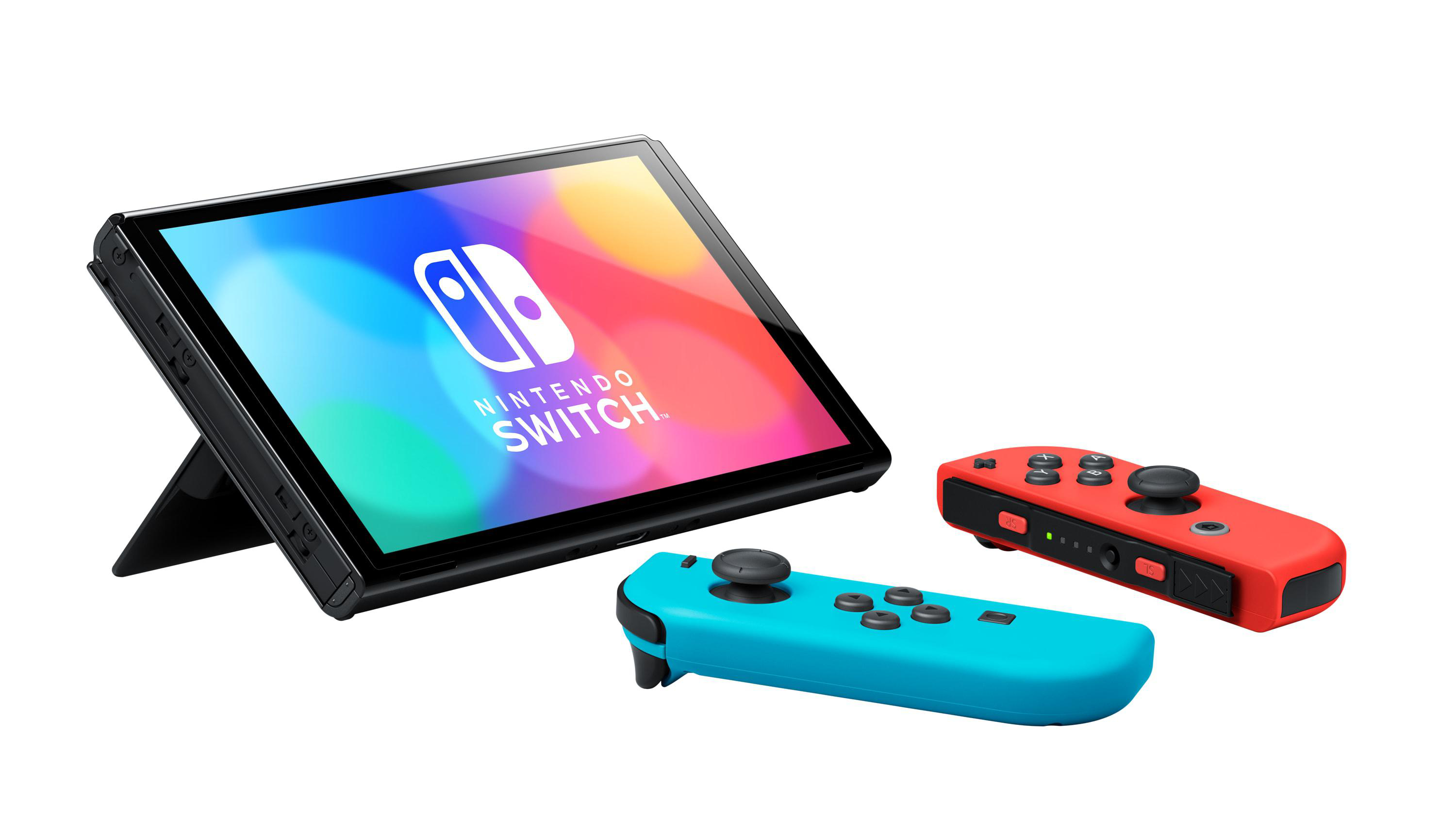 Nintendo Switch-Konsole mit Bildschirm und zwei bunten Controllern. Die Controller sind rot und blau.