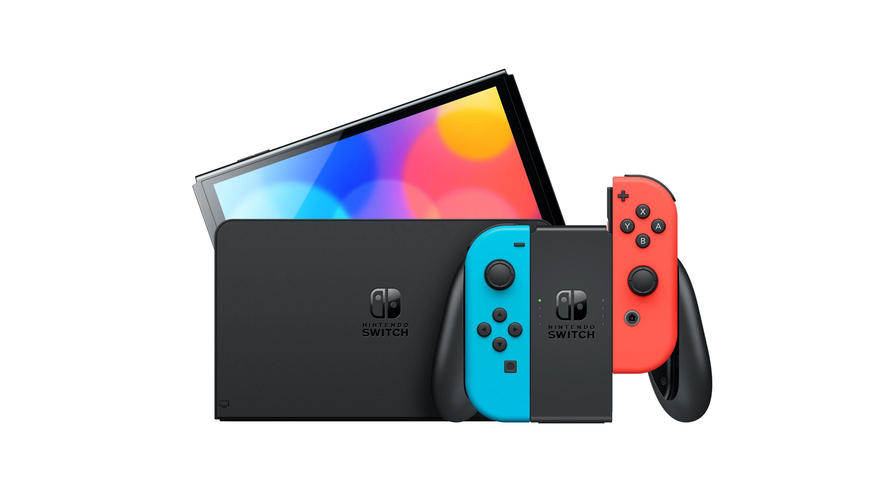 Nintendo Switch Konsole mit Bildschirm, Dockingstation und zwei Joy-Con-Controllern in Rot und Blau.