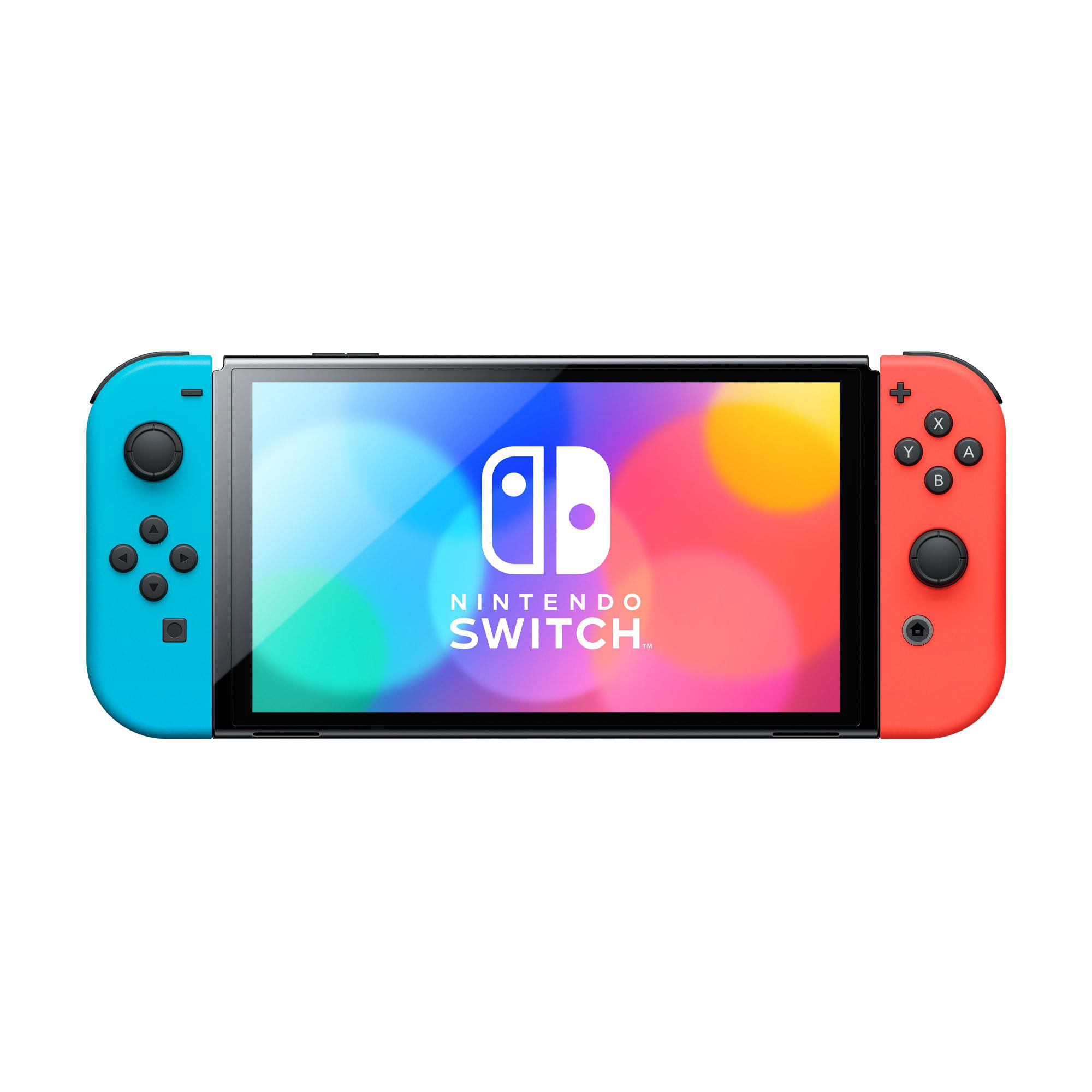 Eine Nintendo Switch-Konsole mit blauen und roten Joy-Cons, zentriert auf Weiß.