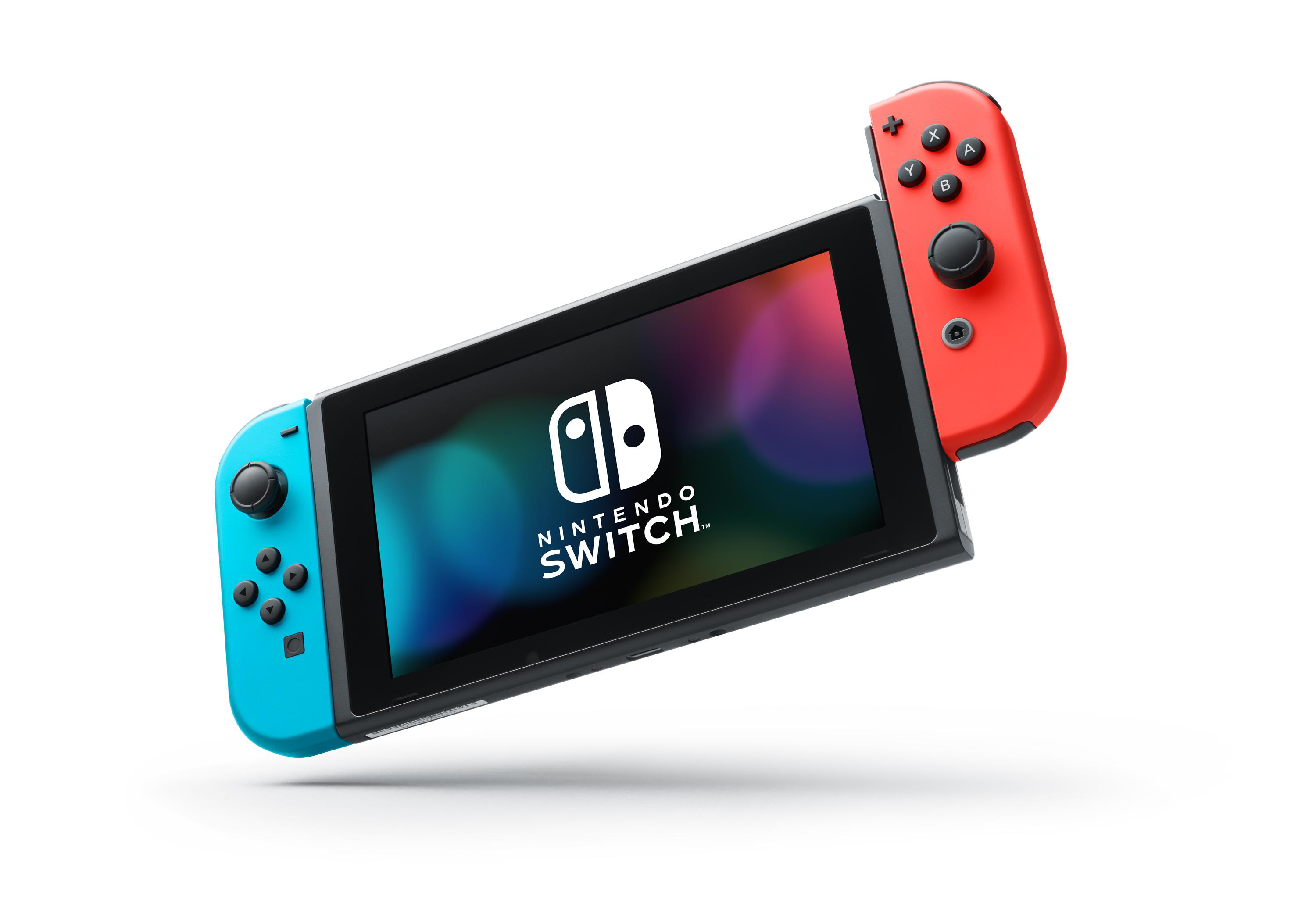 Eine blaue und rote Nintendo Switch Konsole mit Joy-Cons, im Winkel.