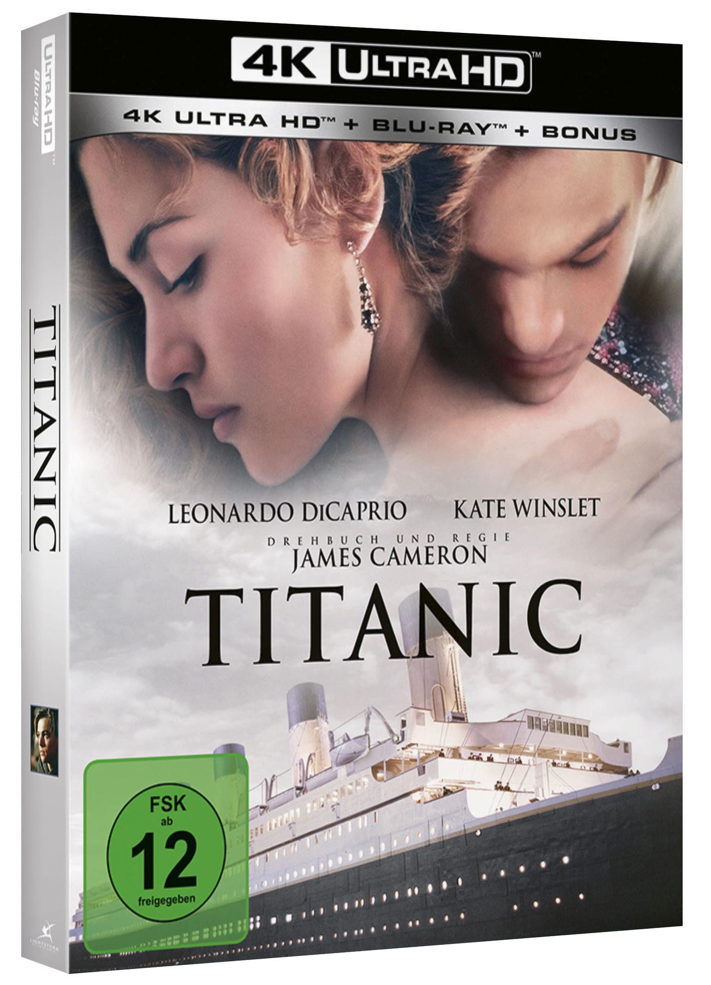Titanic Blu-ray-Cover. Gesichter von Kate Winslet und Leonardo DiCaprio, Schiff im Hintergrund. 4K Ultra HD und Altersfreigabe.
