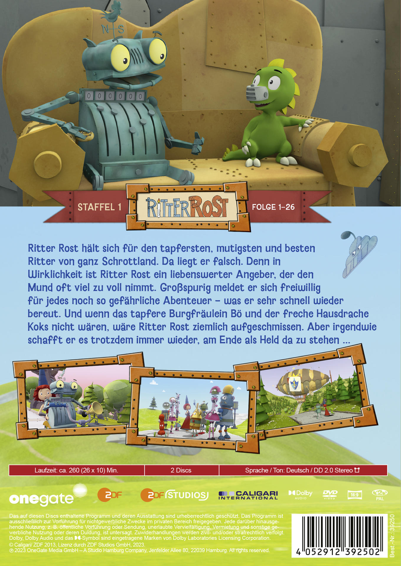 Die Rückseite einer DVD-Hülle mit Cartoon-Illustrationen eines Drachen und eines Ritters.