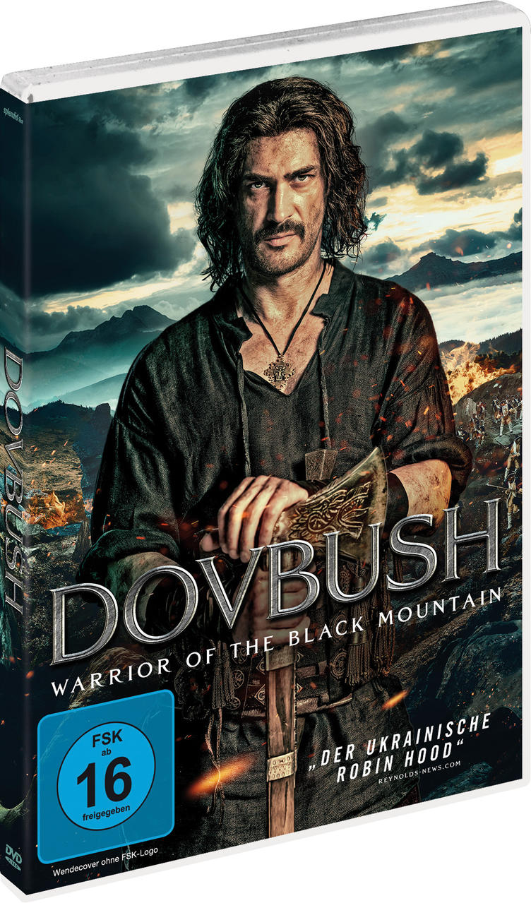 DVD-Cover eines Mannes mit Schwert, Titel 'Dovbush', ein Krieger des Schwarzen Berges.