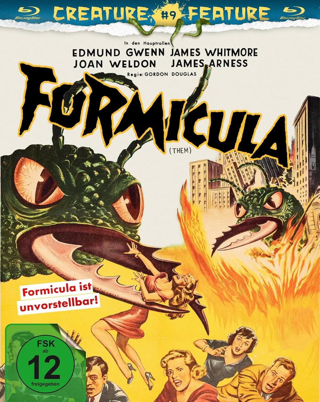 DVD-Cover für den Film 'Formicula'. Riesenameisen greifen eine Stadt an, Frau in Not.