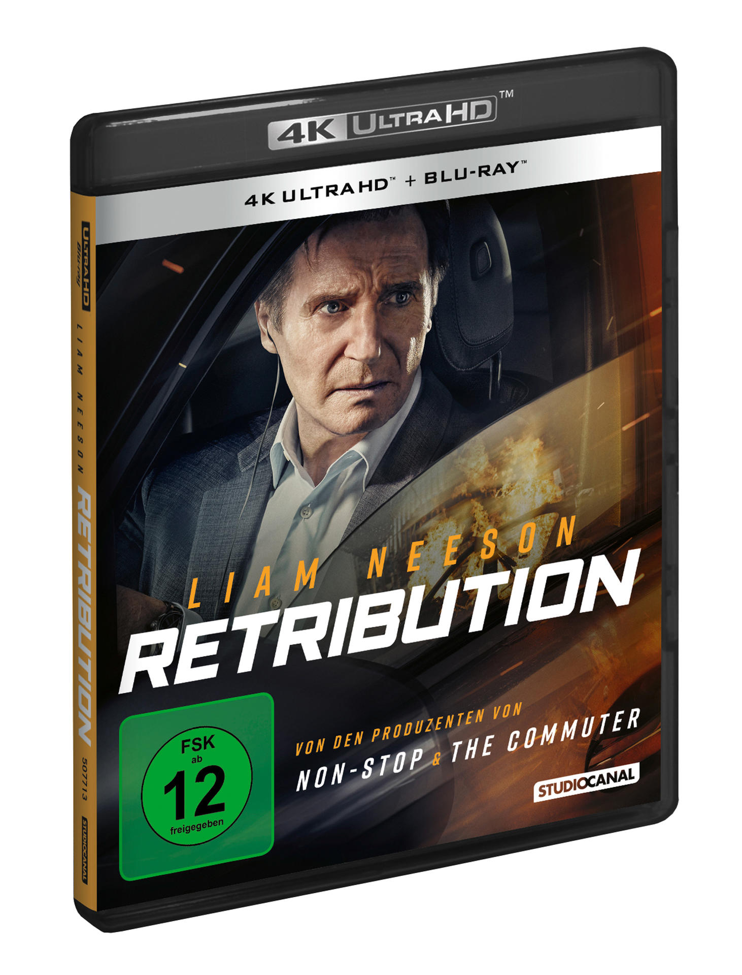 Liam Neeson auf dem Filmcover von 'Retribution', mit 4K Ultra HD und Blu-ray-Branding.