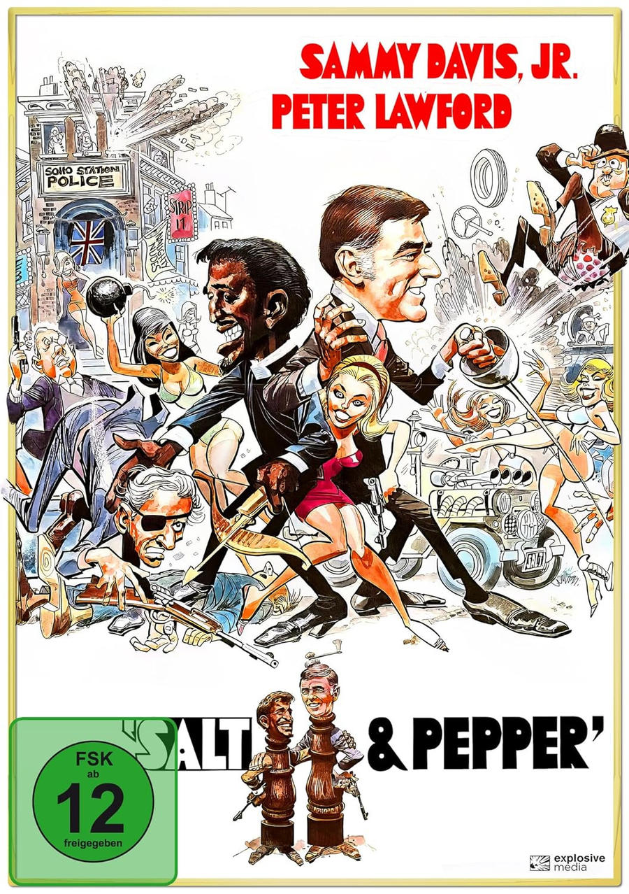 Filmplakat für Salt & Pepper. Enthält Menschen, Gebäude und Explosionen im Cartoonstil.