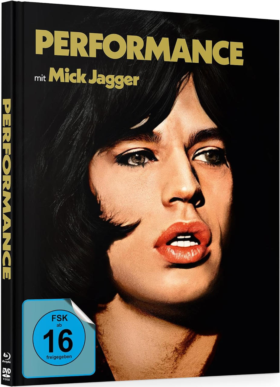 DVD-Hülle des Films "Performance" mit Mick Jagger auf dem Cover, schwarzer Hintergrund.