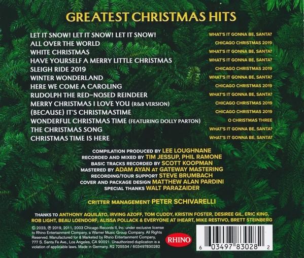CD-tok hátulja a dalcímekkel: Greatest Christmas Hits.