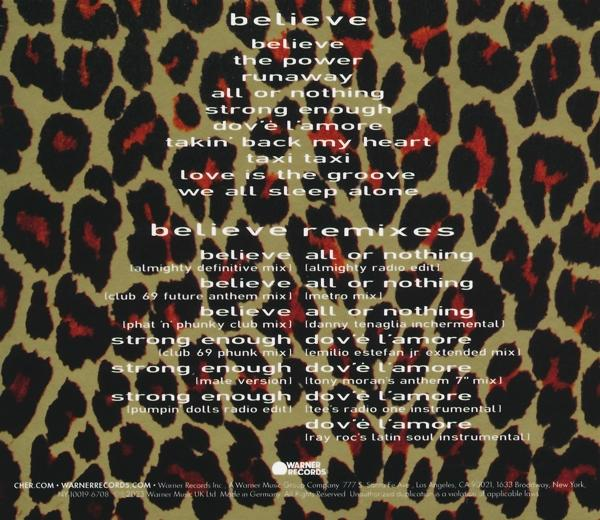 Album borító leopárdmintás háttérrel. A dalcímek között szerepel a Believe, Strong Enough, Dov'è l'amore.