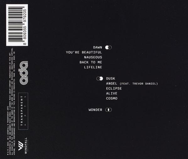 Egy CD tok hátulja dalszövegekkel: Dawn, You're Beautiful, Nauseous, Back to Me és egyebek.