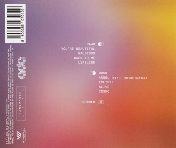Rückseite einer CD mit Songtiteln und Logo. Die Farben sind Lila, Orange und Gelb.