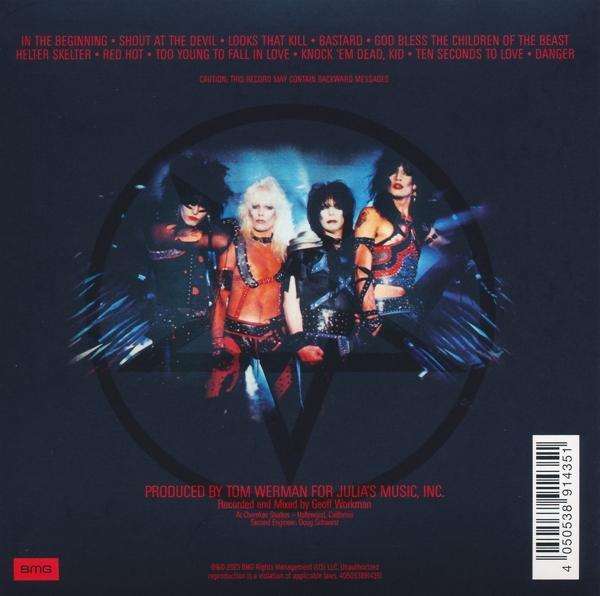 Albumcover, Mötley Crüe, mit Bandmitgliedern in Leder. Text: Shout At The Devil.