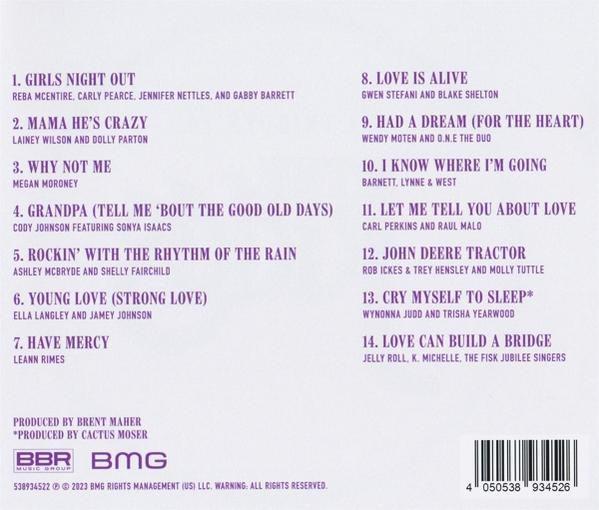 Albumcover mit Songtiteln und Künstlernamen in Lila auf Weiß.