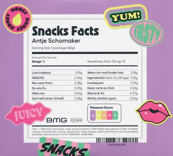 Snacks Facts-Etikett mit Text und Aufklebern, zeigt Song-Süße-Info.