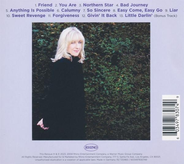 CD-Rückseite mit einer Frau, Songtiteln und Text.