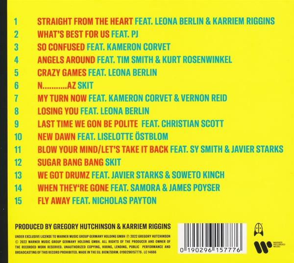 Ein gelbes Albumcover mit Titellisten und Künstlercredits, ein Barcode am unteren Rand.