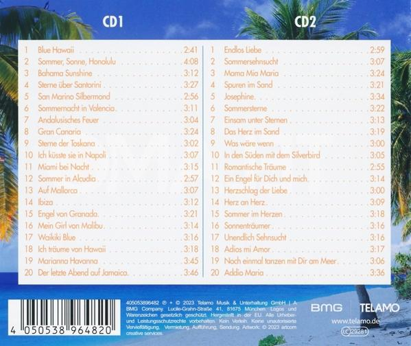 Die Rückseite einer CD mit zwei Titellisten, Meer und Palmen im Hintergrund.