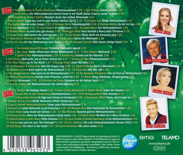 Die Rückseite einer CD-Hülle mit Bildern von Sängern und Songtiteln auf Deutsch, mit Logos und Text.