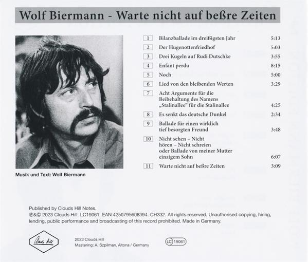 Schwarz-Weiß-Bild von Wolf Biermann, mit Songtiteln an der Seite und Text darunter.
