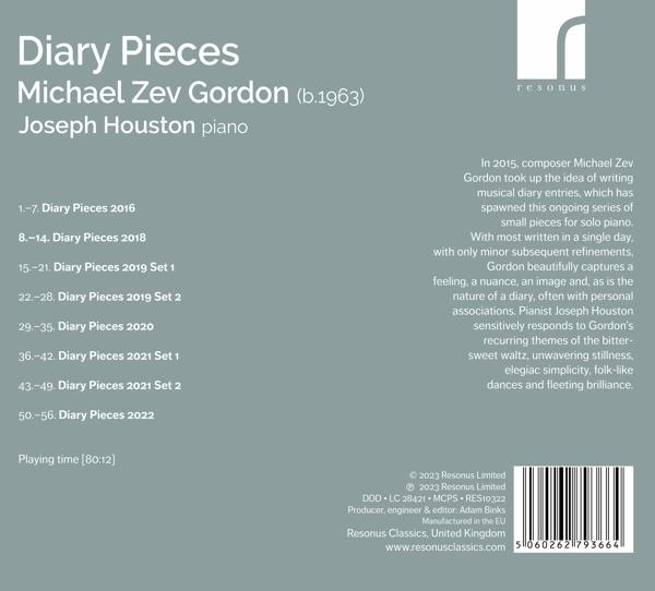 Albumcover für Diary Pieces von Michael Zev Gordon, Klavier von Joseph Houston.