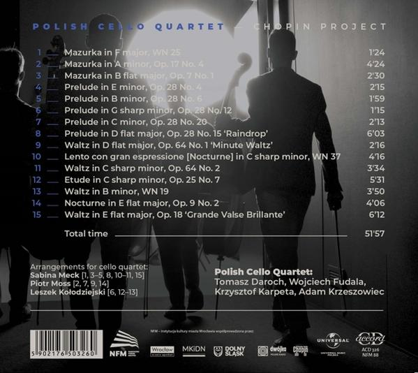 Albumcover mit einer Liste von Musikstücken für ein Cellquartett, mit Namen und Titeln.
