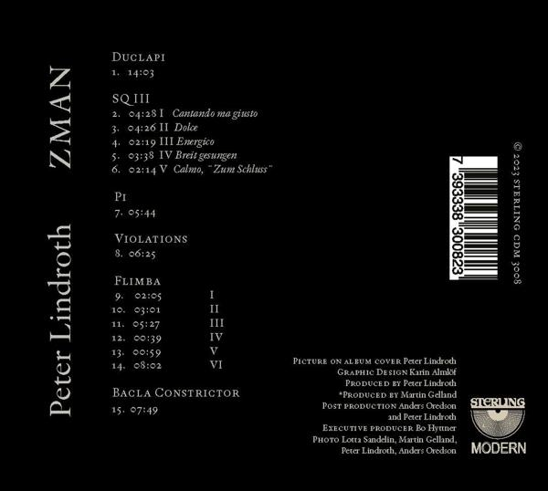 Rückseite des CD-Covers von Peter Lindroth mit Trackliste und Barcode.