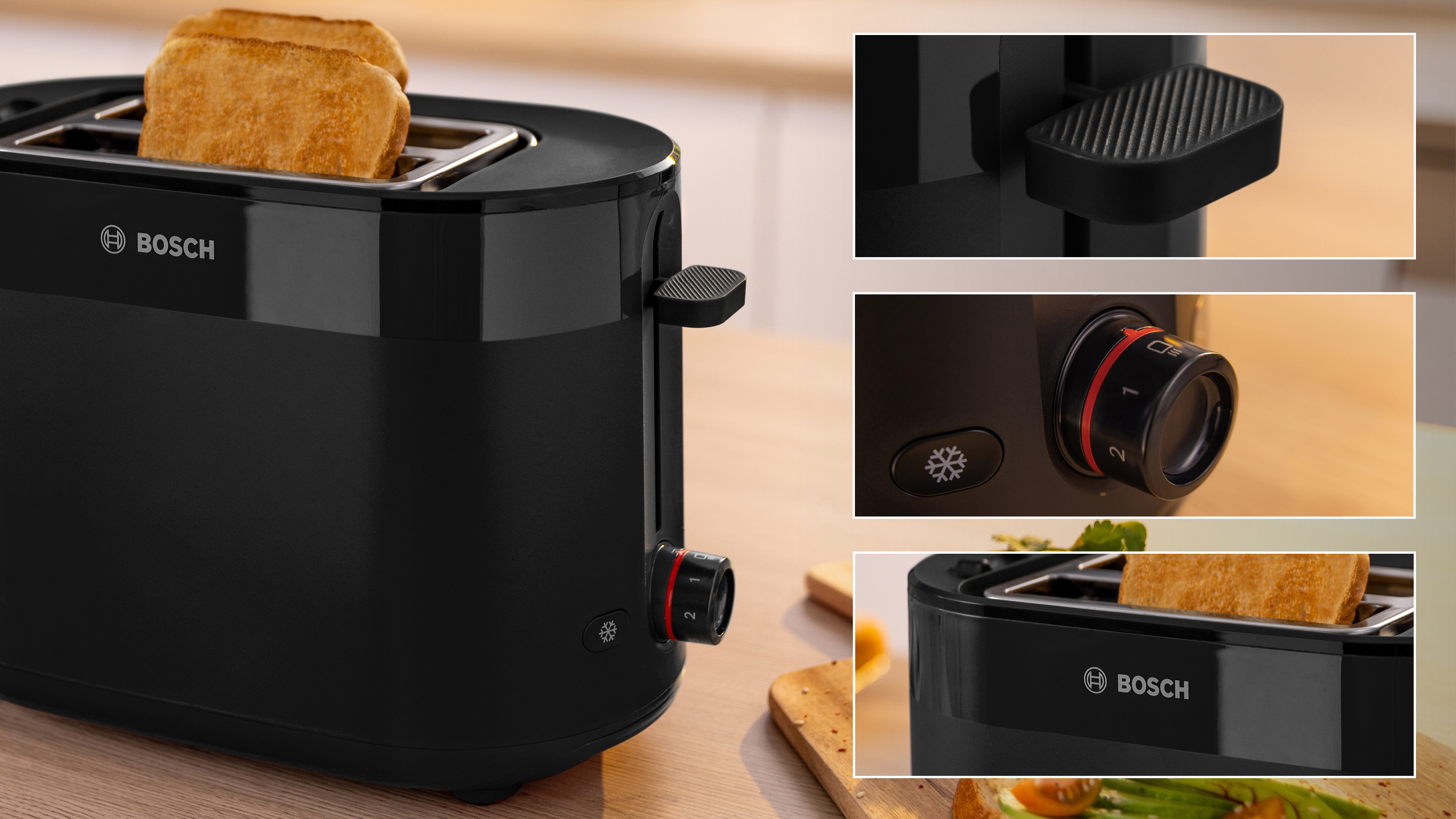 Schwarzer Toaster mit Brot. Details sind ein Hebel, ein Zifferblatt und ein BOSCH-Logo.