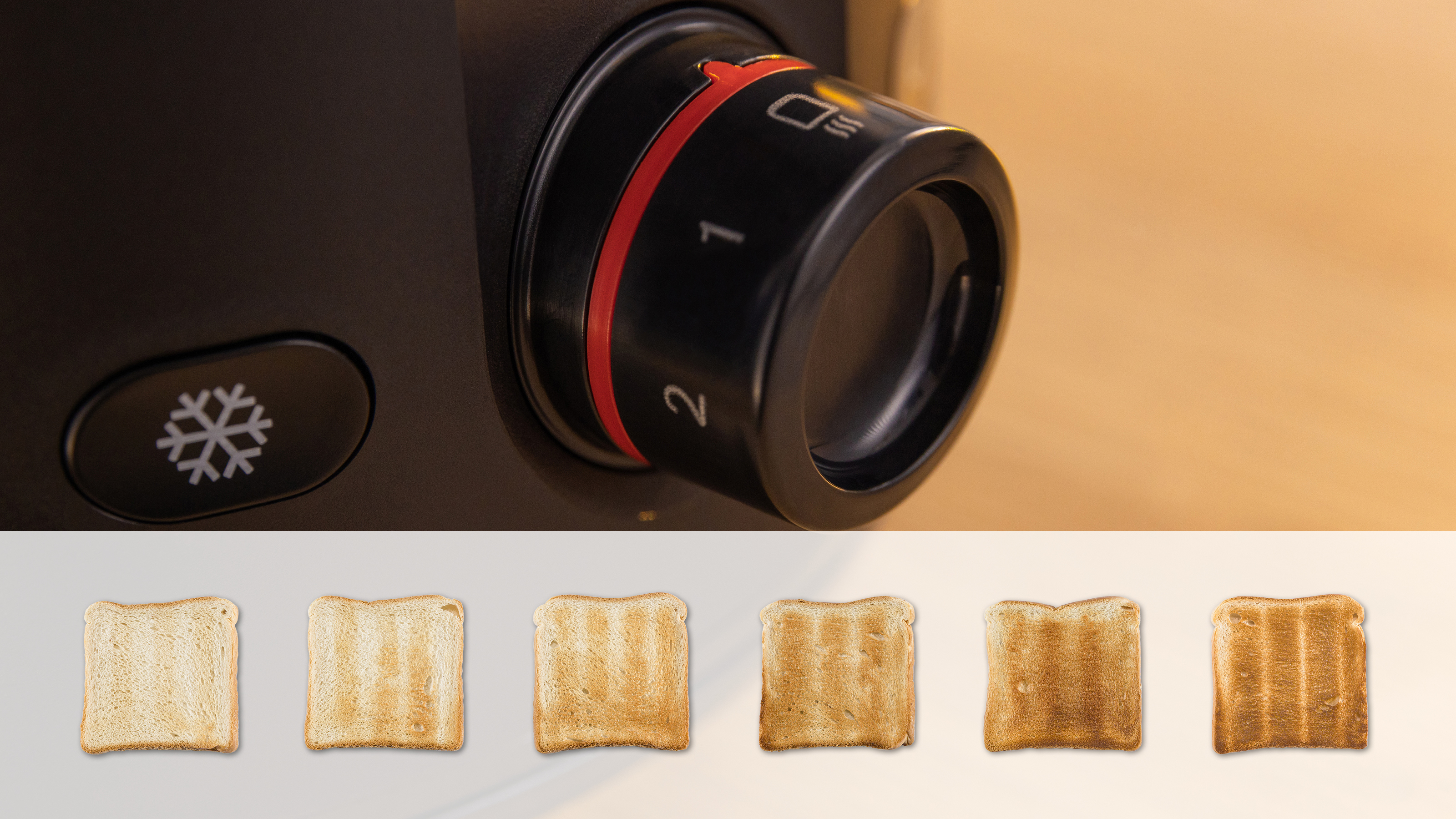 Nahaufnahme eines Toasters mit einem Drehregler, der verschiedene Bräunungsstufen zeigt, neben Toastscheiben.