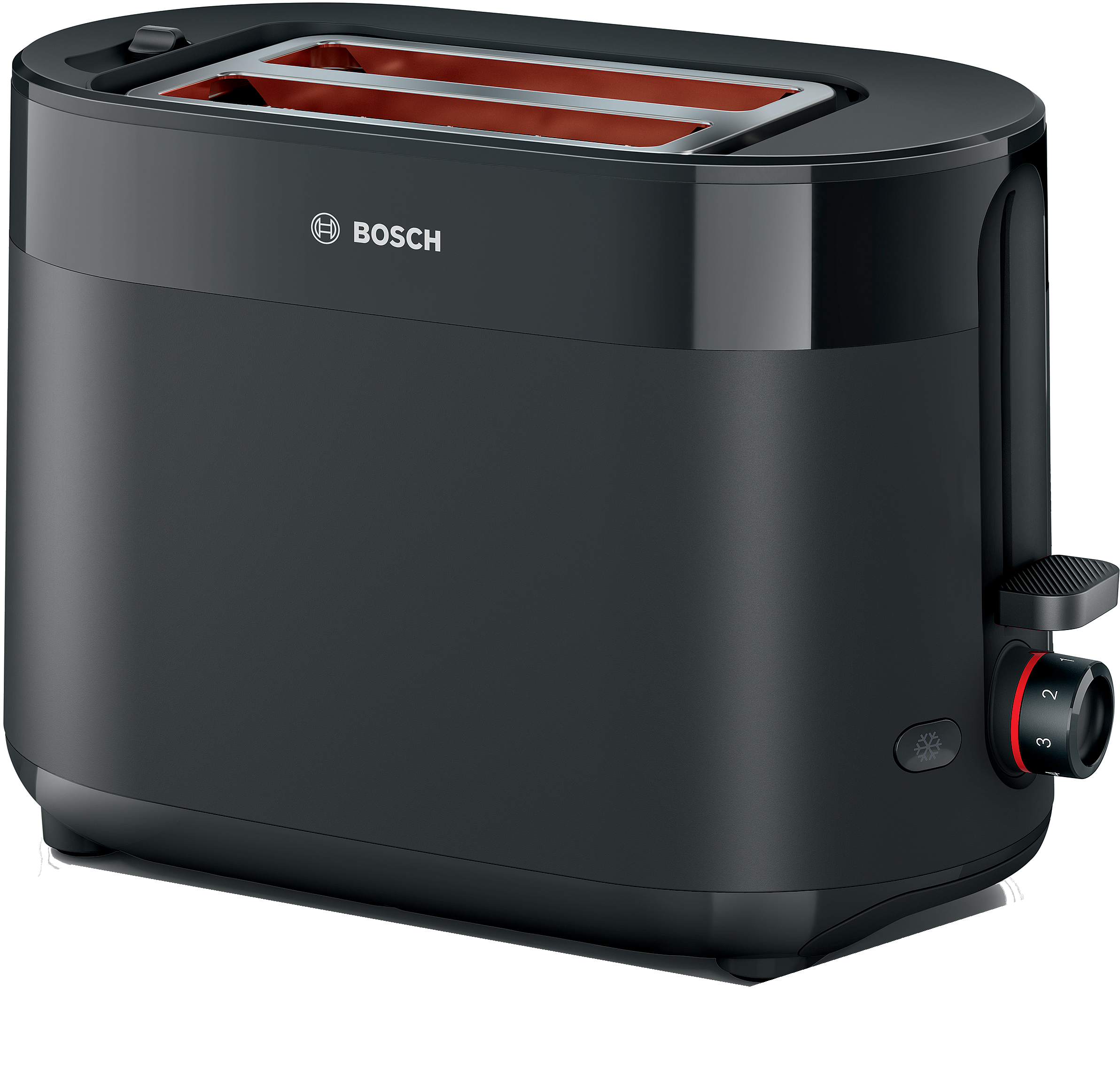Schwarzer Bosch-Toaster mit rotem Innenraum und Drehregler zur Bräunungsgrad-Einstellung.