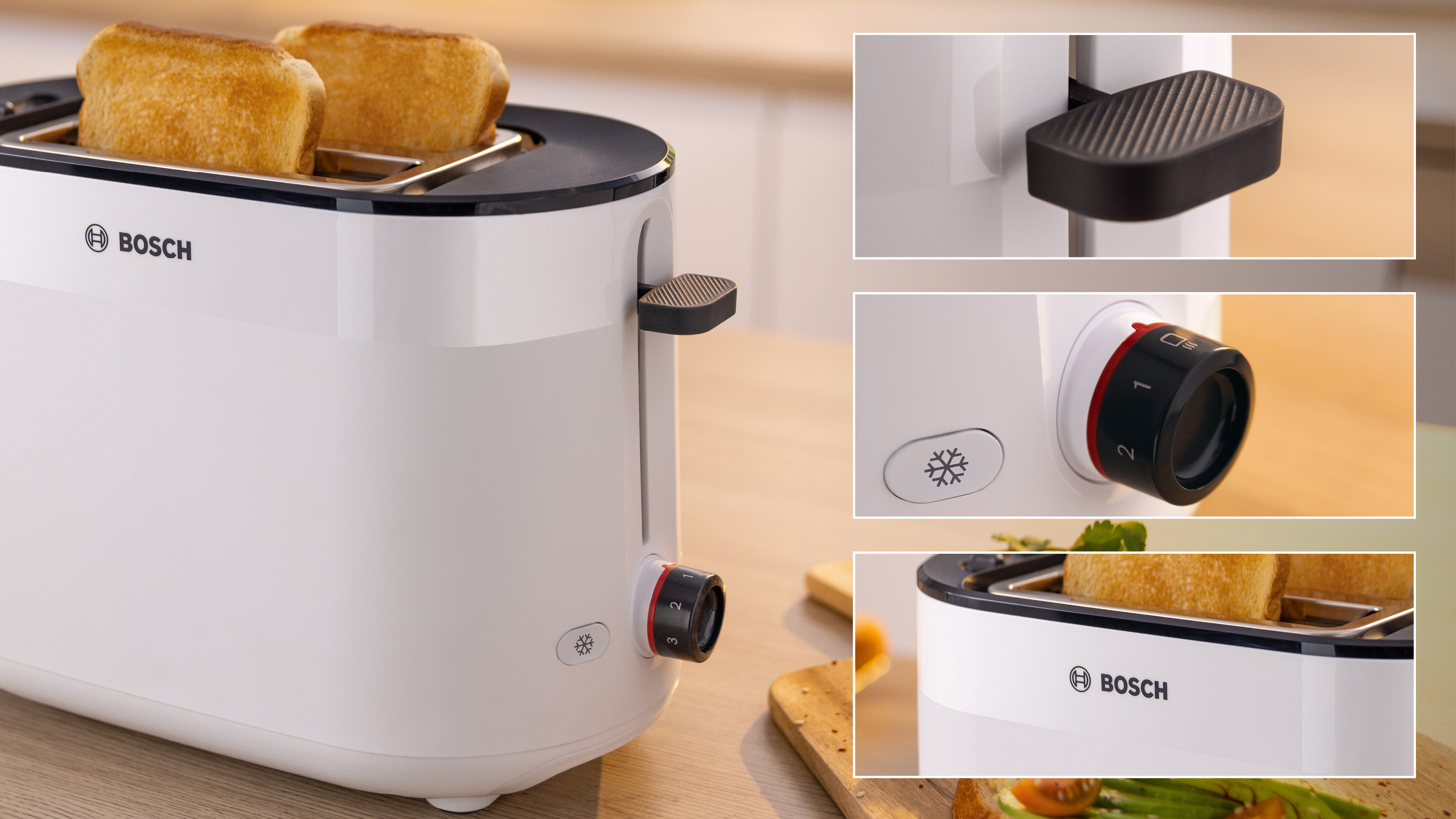 Weißer Bosch-Toaster mit Details. Zwei Toastscheiben. Schwarze Bedienelemente und Knöpfe.