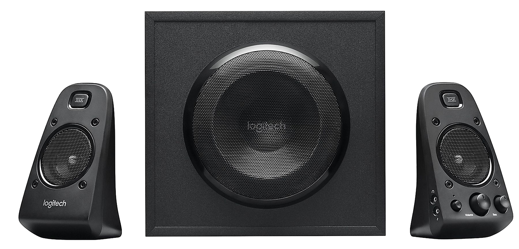 Ein schwarzes Lautsprechersystem mit zwei Satellitenlautsprechern und einem Subwoofer.